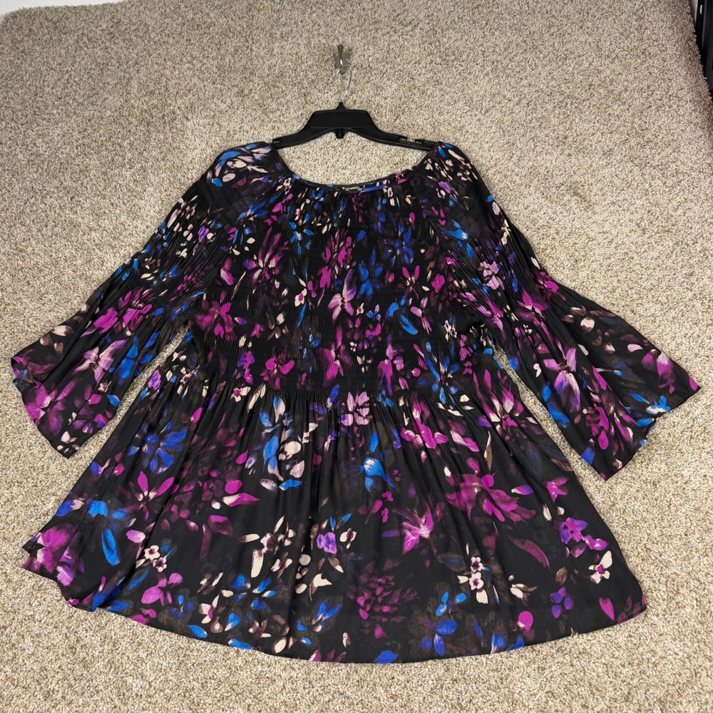 Spense 2X Floral Smocked Babydoll Top Black Purple Blue Boho Peasant Sleeve